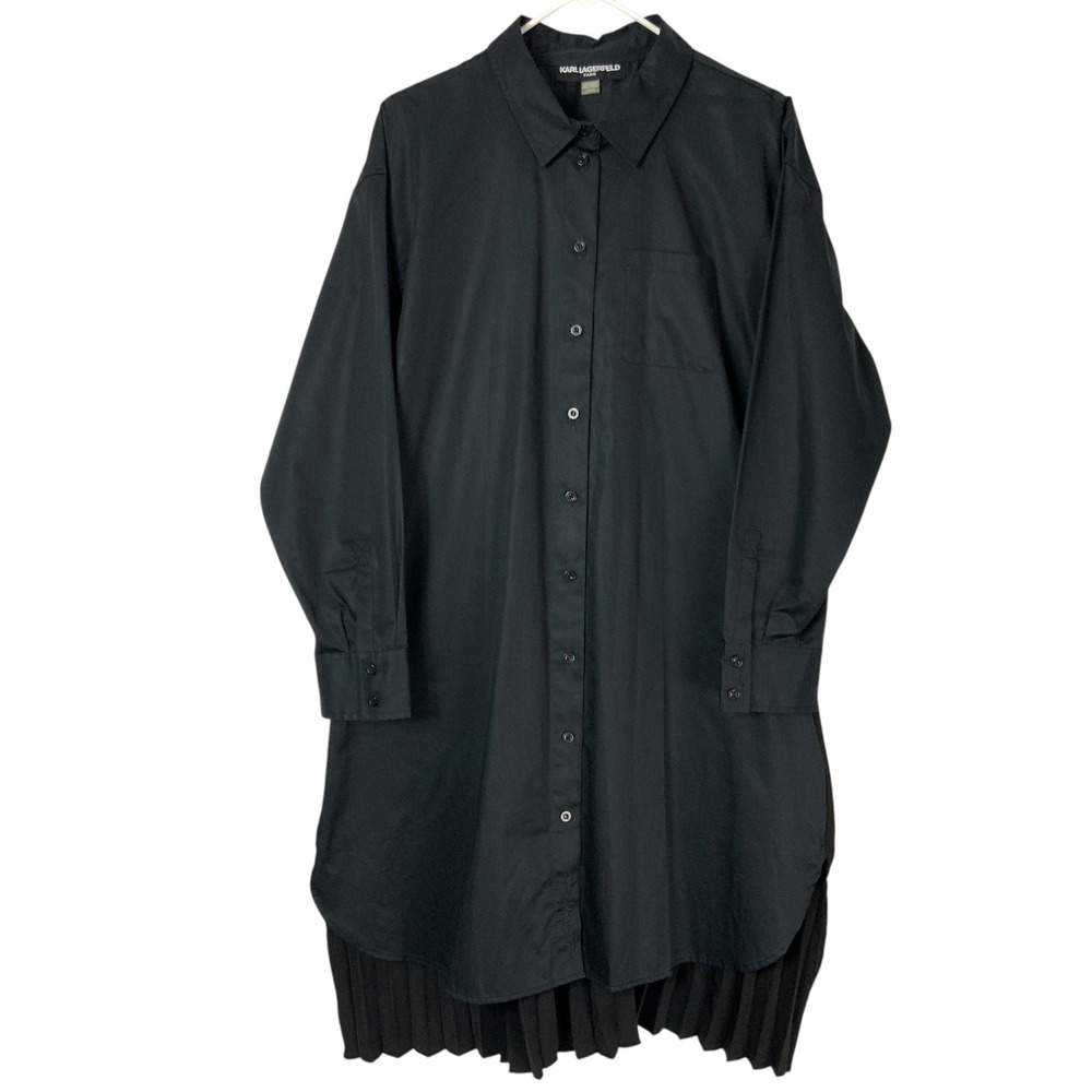 Karl Lagerfeld Paris Black Shirt Dress L Button Up Collared Long Sleeve Pleated